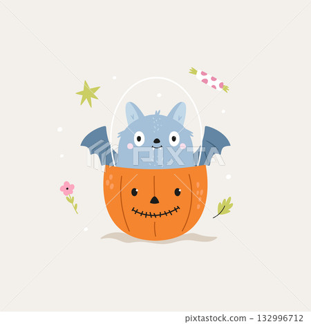 Cute Halloween Bat Sitting Inside a Jack-o'-Lantern Cute Halloween Bat Sitting Inside a Jack-o'-Lantern 132996712