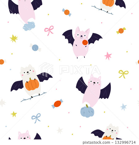 Cute Halloween Bat Seamless Pattern on White Background. Cute Halloween Bat Seamless Pattern on White Background. 132996714