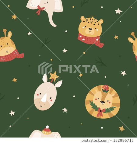 Cute Christmas Animal Heads Seamless Pattern. Festive Lion, Giraffe, Elephant, and Rhino in Party Hats on Green Background Cute Christmas Animal Heads Seamless Pattern. Festive Lion, Giraffe, Elephant, and Rhino in Party Hats on Green Background 132996715