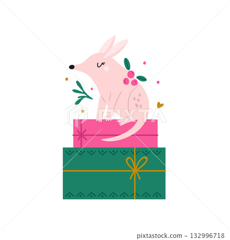 Cute Pink Australian Bilby Sitting on Gift Boxes. Christmas Holiday Design, Print Cute Pink Australian Bilby Sitting on Gift Boxes. Christmas Holiday Design, Print 132996718