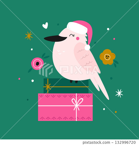 Cute Pink Christmas Kookaburra Bird Illustration with Santa Hat and Bow, Festive Holiday Animal Art on Green Background 132996720