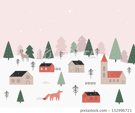 Winter Village Landscape with Snowy Hills and Cozy Houses in Minimal Nordic Style Winter Village Landscape with Snowy Hills and Cozy Houses in Minimal Nordic Style 132996721