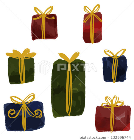 Watercolor gift box set - chic red, green and blue wrapping paper with gold ribbon Watercolor gift box set - chic red, green and blue wrapping paper with gold ribbon 132996744