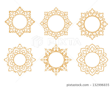 Set of decorative frames Elegant vector element for design in Eastern style, place for text. Floral golden and white borders. Lace illustration for invitations and greeting cards 132996835