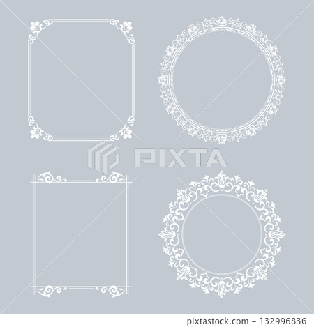 Set of decorative frames Elegant vector element for design in Eastern style, place for text. Floral gray and white borders. Lace illustration for invitations and greeting cards Set of decorative frames Elegant vector element for design in Eastern style, place for text. Floral gray and white borders. Lace illustration for invitations and greeting cards 132996836