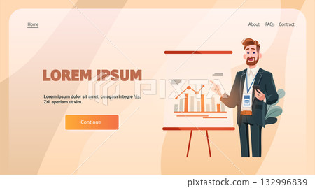 Business presentation analytics man showing chart data professional male character with graph board modern office website template Business presentation analytics man showing chart data professional male character with graph board modern office website template 132996839