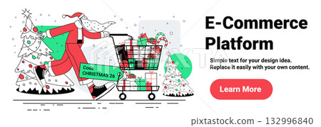 Santa Christmas shopping cart gifts e-commerce festive holiday scene decorated trees presents modern website banner Santa Christmas shopping cart gifts e-commerce festive holiday scene decorated trees presents modern website banner 132996840