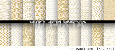 Geometric set of seamless golden and white patterns. Simple vector graphics Geometric set of seamless golden and white patterns. Simple vector graphics 132996841