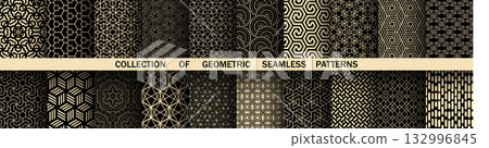 Geometric set of seamless black and golden patterns. Simple vector graphics 132996845