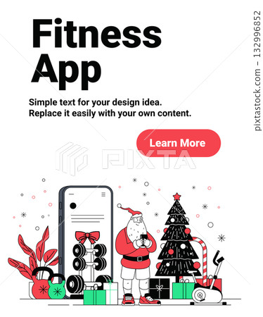 Santa Christmas fitness app holiday workout smartphone gym equipment Christmas tree gifts festive background website banner 132996852