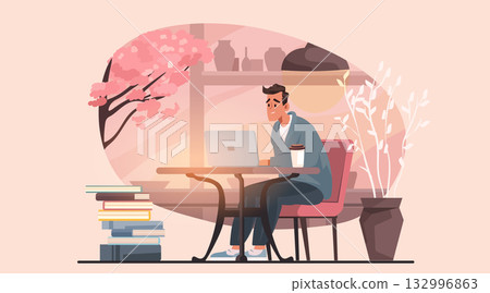 Man working laptop home office cozy workspace coffee cup books stack indoor plants pink tree background modern interior 132996863