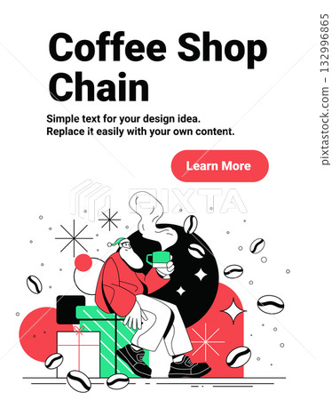 Santa coffee shop Christmas celebration modern festive scene with Santa Claus drinking coffee surrounded by gifts coffee beans abstract shapes Santa coffee shop Christmas celebration modern festive scene with Santa Claus drinking coffee surrounded by gifts coffee beans abstract shapes 132996865