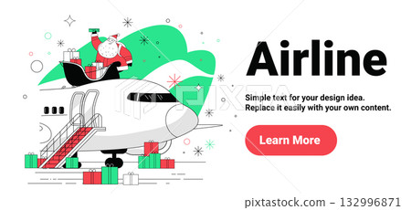 Santa Christmas airline travel airplane gifts festive holiday scene with Santa Claus on jet surrounded by presents snowflakes modern web banner 132996871