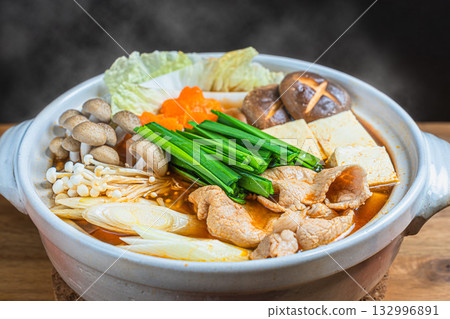 Jjigae hotpot with lots of ingredients 132996891