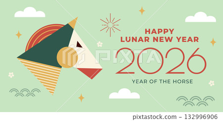 Geometric Lunar New Year 2026 banner with stylized horse head in jade green, gold, and red tones. Modern flat design perfect for poster, greeting card, web banner and festive social media graphic. Geometric Lunar New Year 2026 banner with stylized horse head in jade green, gold, and red tones. Modern flat design perfect for poster, greeting card, web banner and festive social media graphic. 132996906