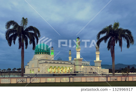 Masjid Bandaraya Kota Kinabalu landmark at dusk 132996917