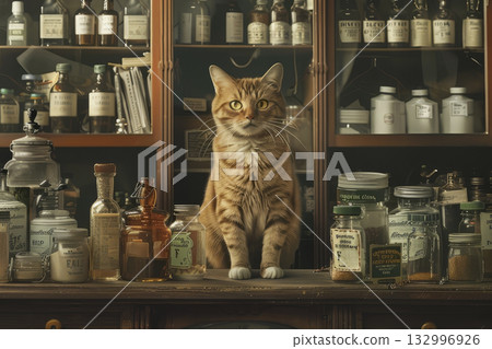 Cat pharmacist behind the pharmacy counter. Generative AI 132996926