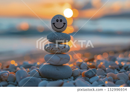 Pebbles with a smile on the shore at sunset. Generative AI 132996934
