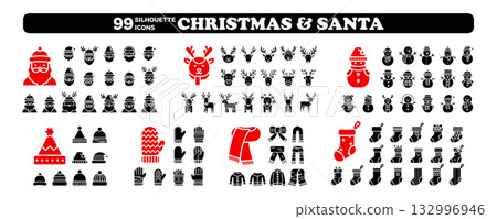 Christmas silhouette icon set, Santa and winter holiday solid vector pack. 99 minimal black elements isolated on transparent background. 132996946