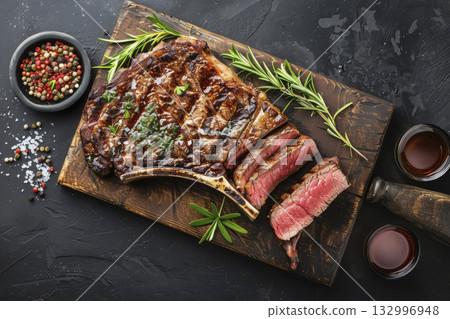 Steak on a board with a side dish. Generative AI 132996948