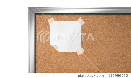 Blank white paper note taped cork-board mockup, depth of field 132996950