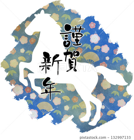 新年快樂日式圖案背景馬剪影藍色 新年快樂日式圖案背景馬剪影藍色 132997133