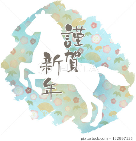 新年快樂日式圖案背景 馬匹剪影 淺藍色 新年快樂日式圖案背景 馬匹剪影 淺藍色 132997135