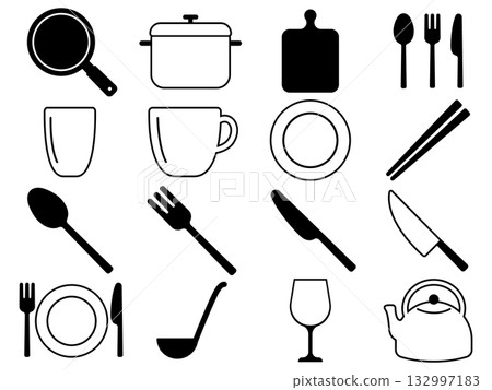 Set of 16 monochrome tableware and cooking utensil icons Set of 16 monochrome tableware and cooking utensil icons 132997183
