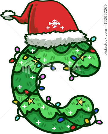 Christmas Tree Uppercase Alphabet C with Santa Hat and Christmas Light 132997269