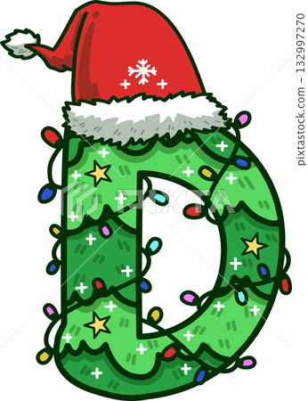 Christmas Tree Uppercase Alphabet D with Santa Hat and Christmas Light Christmas Tree Uppercase Alphabet D with Santa Hat and Christmas Light 132997270