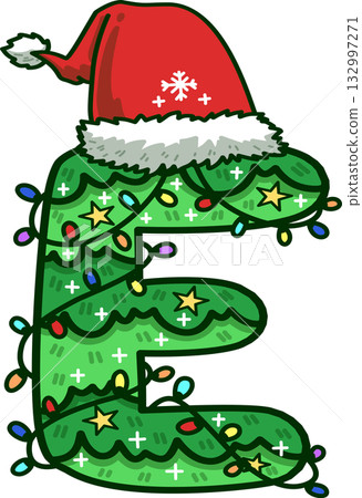 Christmas Tree Uppercase Alphabet E with Santa Hat and Christmas Light 132997271