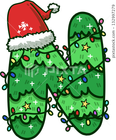 Christmas Tree Uppercase Alphabet N with Santa Hat and Christmas Light Christmas Tree Uppercase Alphabet N with Santa Hat and Christmas Light 132997279