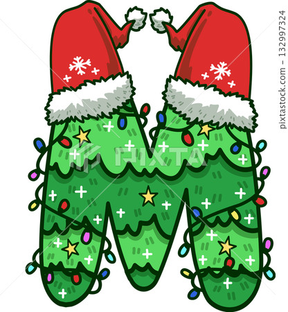 Christmas Tree Uppercase Alphabet M with Santa Hat and Christmas Light Christmas Tree Uppercase Alphabet M with Santa Hat and Christmas Light 132997324