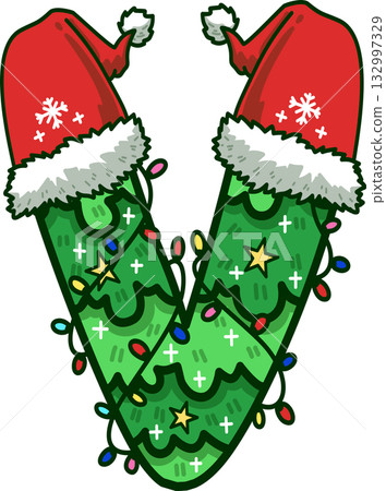 Christmas Tree Uppercase Alphabet V with Santa Hat and Christmas Light 132997329