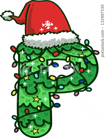 Christmas Tree Uppercase Alphabet P with Santa Hat and Christmas Light 132997330