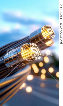 Sparking electric cables and glowing fiber optics. fiber optical abstract background. AI Generated. 132997335