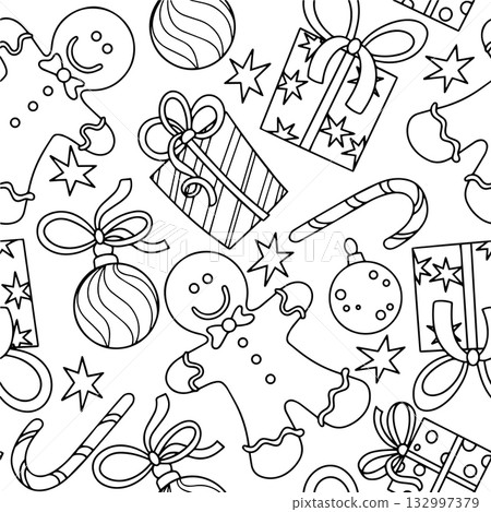 Cute Christmas coloring page. Seamless pattern with gifts and decorations. Vector illustration, outline 132997379