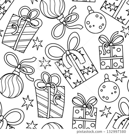 Cute Christmas coloring page. Seamless pattern with gifts and decorations. Vector illustration, outline 132997380