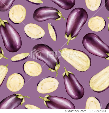Seamless design with whole purple eggplants and pale inner slices scattered on solid lilac background. Ideal for kitchen goods, food packaging, home decor, or vibrant textile print. 132997381