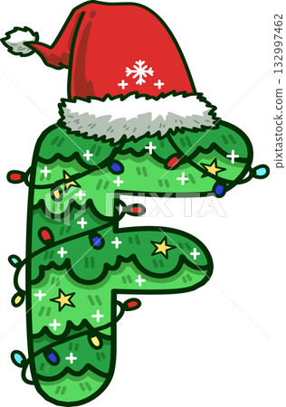 Christmas Tree Uppercase Alphabet F with Santa Hat and Christmas Light 132997462