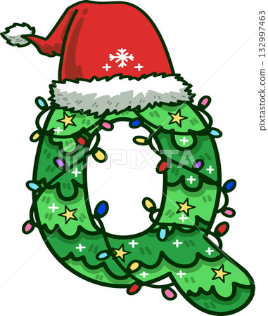 Christmas Tree Uppercase Alphabet Q with Santa Hat and Christmas Light 132997463