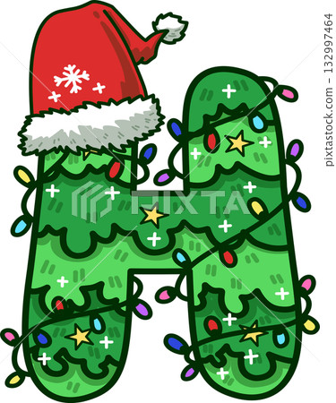 Christmas Tree Uppercase Alphabet H with Santa Hat and Christmas Light Christmas Tree Uppercase Alphabet H with Santa Hat and Christmas Light 132997464