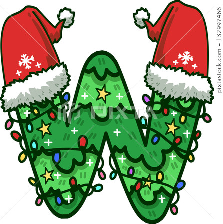 Christmas Tree Uppercase Alphabet W with Santa Hat and Christmas Light Christmas Tree Uppercase Alphabet W with Santa Hat and Christmas Light 132997466