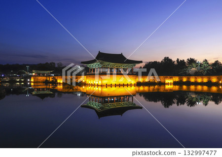 The pavilions of Anapji pond lit up as evening comes on in Gyeongju, Korea. 132997477