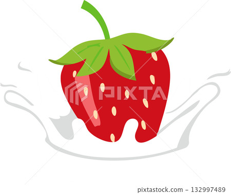 Juicy strawberry falling into milk splash symbolizing freshness sweetness and natural taste. 132997489
