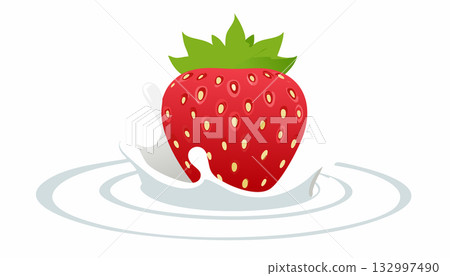 Delicious ripe strawberry landing in milk splash representing purity freshness and vitality. 132997490