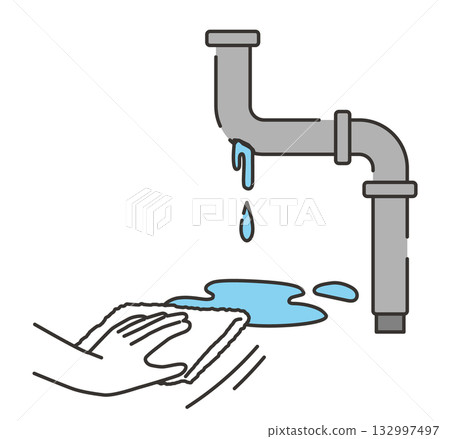 一隻手正在擦拭漏水的水管 一隻手正在擦拭漏水的水管 132997497