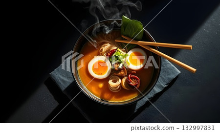 Delicious fried chicken and pork with fresh vegetables on a plate. 132997831