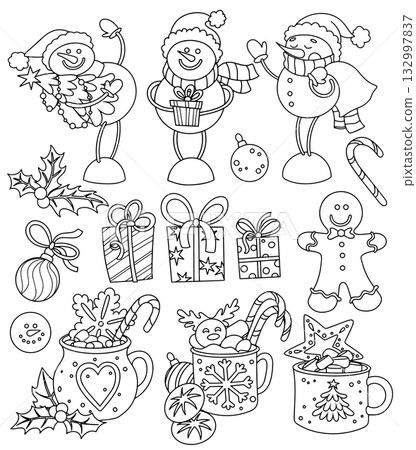 Cute Christmas coloring page. Set of decorations, snowmen, and gifts. Vector illustration in doodle style. 132997837