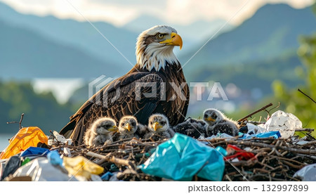 Bald Eagle Family Nests Amidst Plastic Pollution in Mountains 132997899